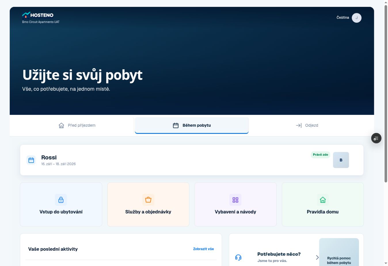 HOSTENO Guest Portal: pobyt, služby, vybavení a pravidla domu